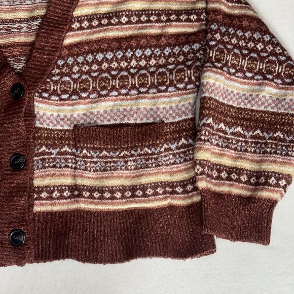 Pink Rose Fair Isle Pattern Cardigan Sweater Size L Women’s Button-Front Cropped - Picture 6 of 12